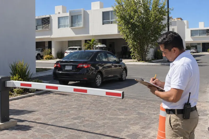 Guardia de ARKAN registrando un vehículo en la pluma de acceso de un residencial en Monterrey