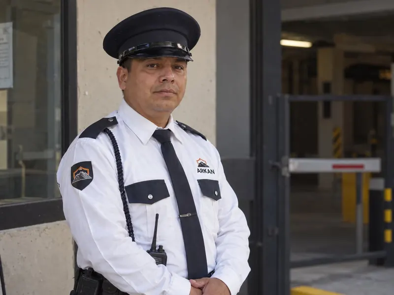 Guardia de seguridad ARKAN uniformado en el acceso de un estacionamiento en Monterrey